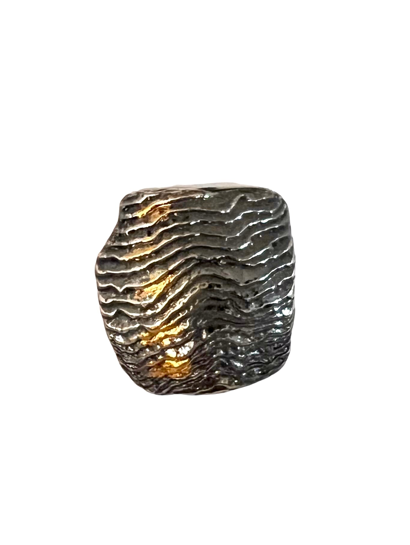 A ring with an amorphous square of oxidized cuttlefish cast sterling silver accented with 24 karat gold keum boo