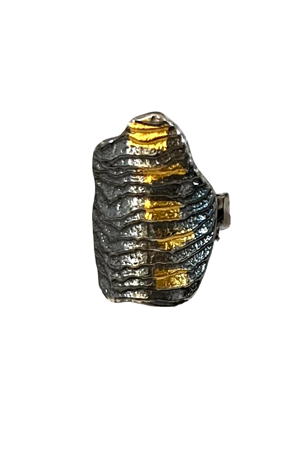 A ring with an amorphous vertical cuttlefish cast oxidized sterling accented with 5 24 karat gold keum boo