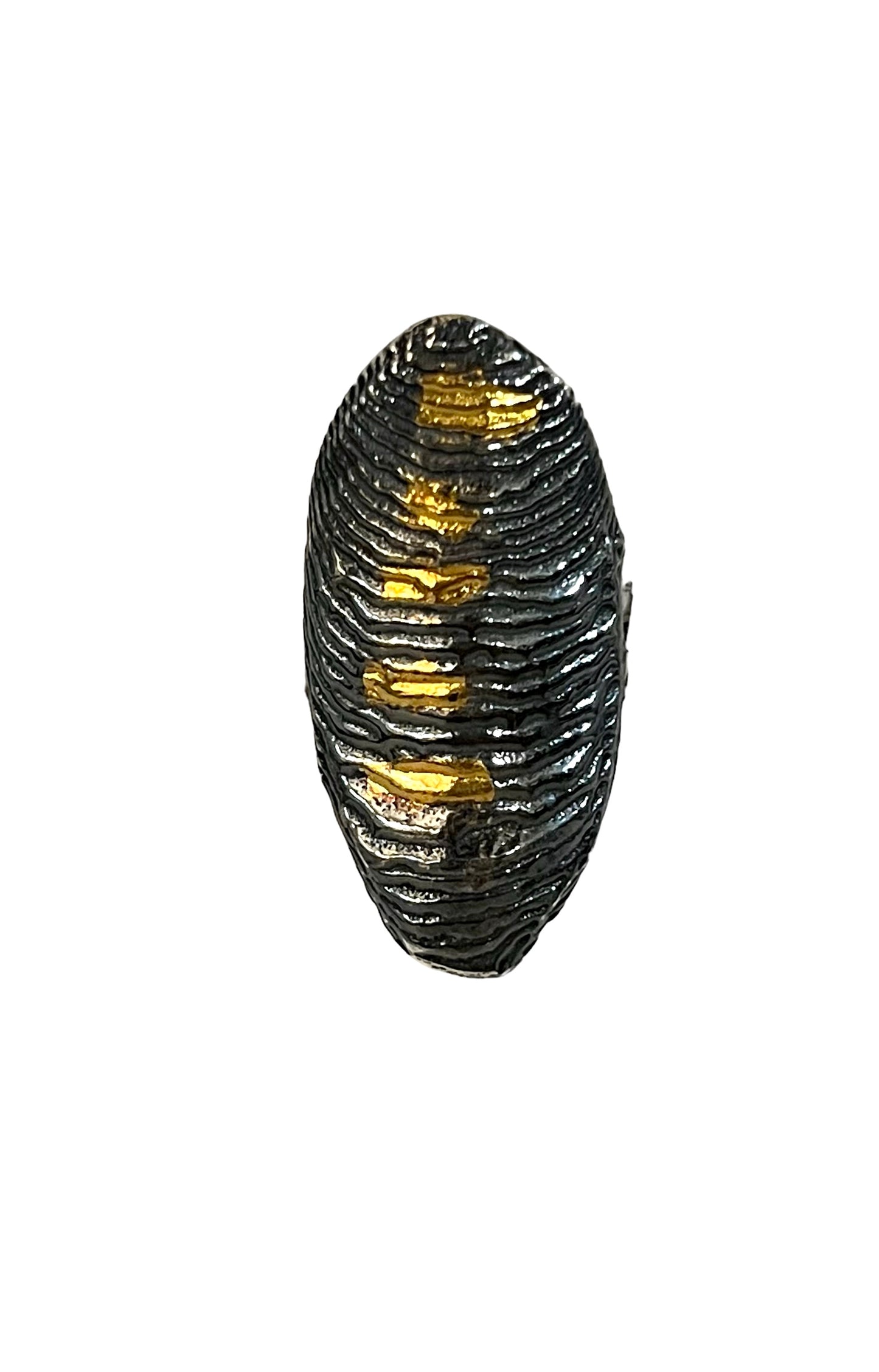 A sterling ring with a long oval oxidized oval with 5 24 karat gold keum boo accents